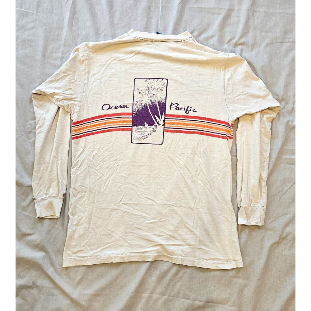 Vintage 70s Ocean Pacific OP Long Sleeve Surf T Shirt Stripe Back Graphic USA L